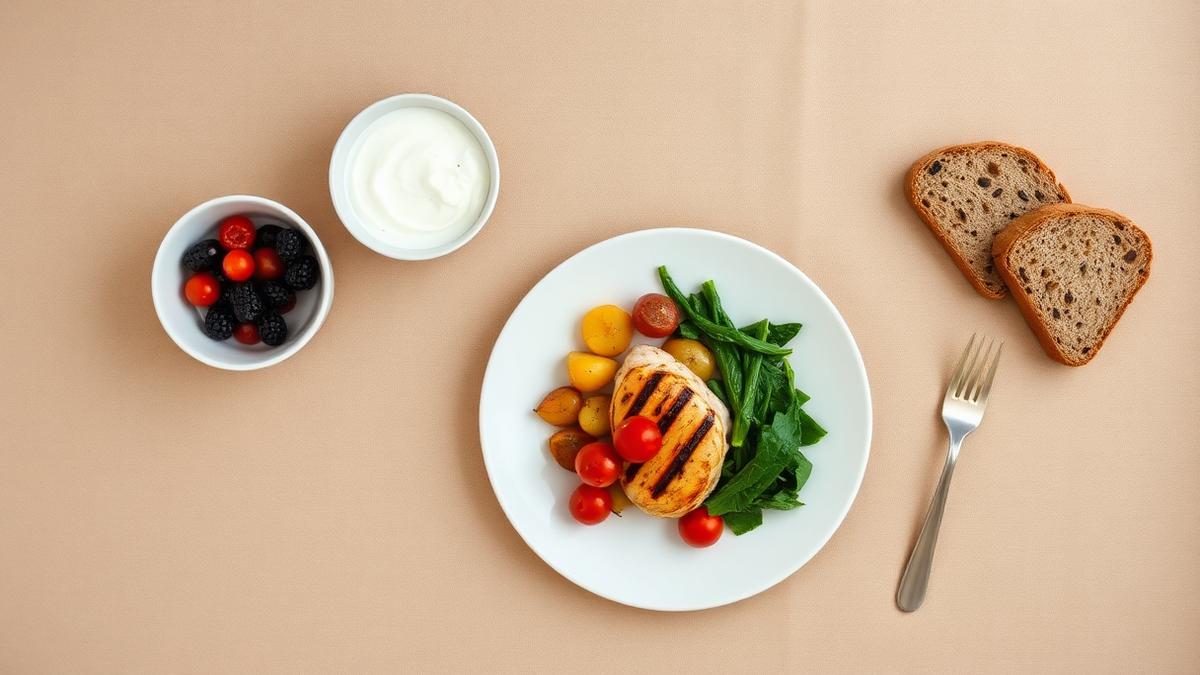 A plate of grilled chicken with potatoes, greens and tomatoes beside coconut yoghurt, berries and gluten-free bread