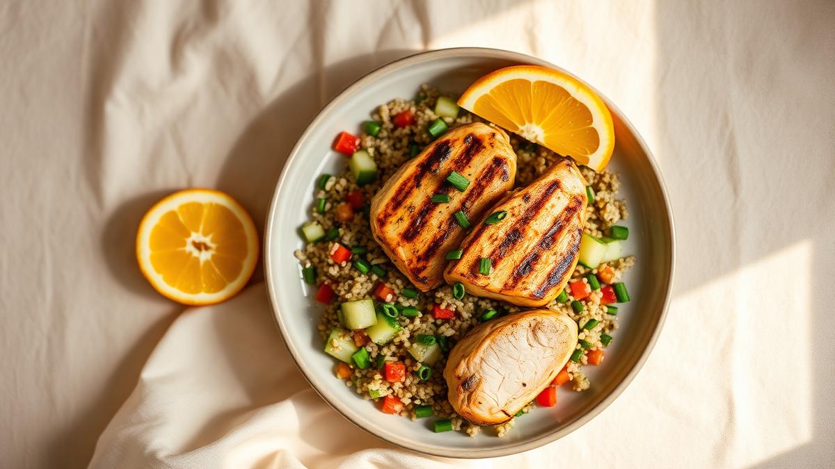 A plate of grilled chicken over a quinoa salad with cucumber, pepper and orange