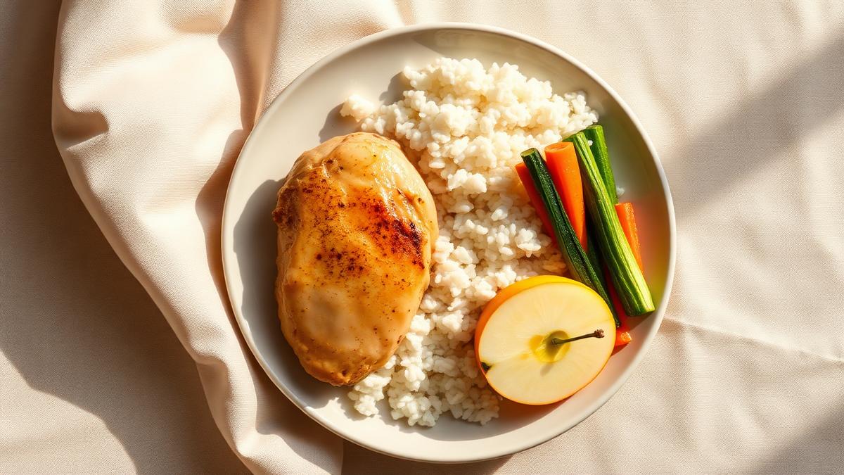 A plate of freshly cooked chicken with white rice, zucchini, carrot and apple
