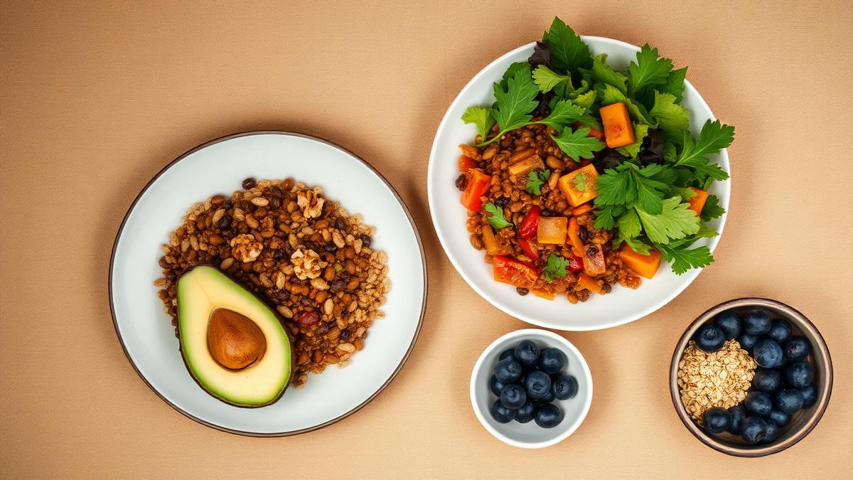 A lentil and barley bowl with avocado, a leafy salad with walnuts, and blueberries with oats