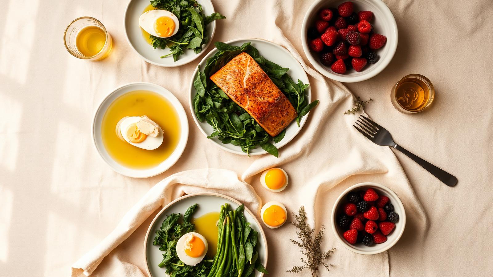 A warm table spread of salmon, greens, eggs, olive oil and berries on cream linen